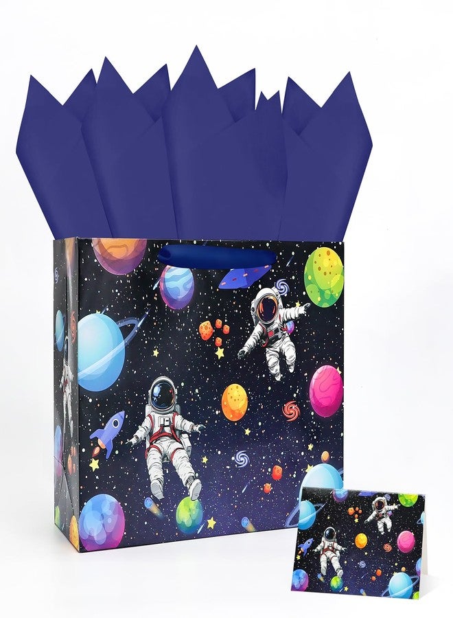 MUNILAIL 13 Inches Space Gift Bag Large Gift Bag with Handle Tissue Paper and Greeting Card for Boys Girls Birthday Outer Space Themed Party Large Paper Gift Bag - Image 1
